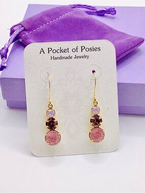 Boutique Pink and Purple Crystal Drop Earrings with Gold Tone Hooks